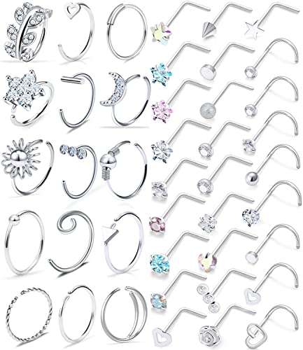 Kridzisw Nose Rings Hoop Studs 18g Stainless Surgical Steel L Shaped Bend screw Ring Stud Nostril Body Piercing Jewelry women Men Silver 2mm CZ Diamond