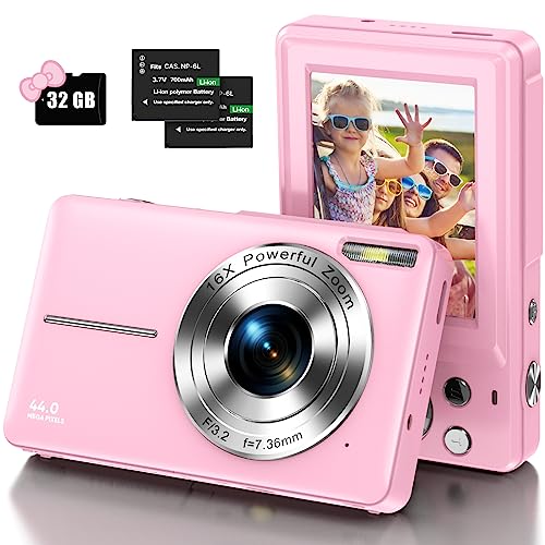 Digital Camera, Kids Camera with 32GB Card FHD 1080P 44MP Vlogging Camera with LCD Screen 16X Zoom Compact Portable Mini Rechargeable Camera Gifts for Students Teens Adults Girls Boys-Pink