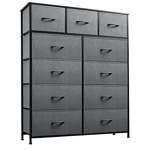 WLIVE 11-Drawer Dresser, Fabric Storage Tower for Bedroom, Hallway, Closets, Tall Chest Organizer Unit with Textured Print Fabric Bins, Steel Frame, Wood Top, Easy Pull Handle, Dark Grey