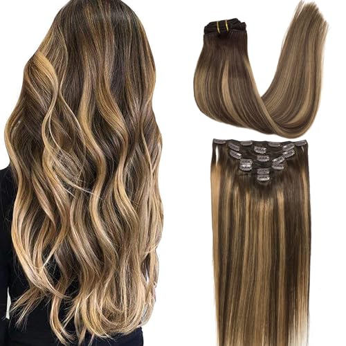 GOO GOO Clip in Hair Extensions Real Human Hair, 16inch 120g 7Pcs, 4/27/4 Balayage Chocolate Brown to Caramel Blonde, Remy Human Hair Extensions Clip ins for Women, Natural Human Hair