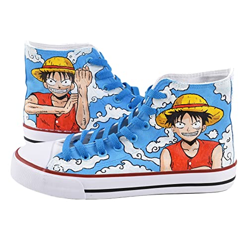Luffy Canvas Shoes Custom Hand Painted Anime High Top Tennis Shoes for Men White