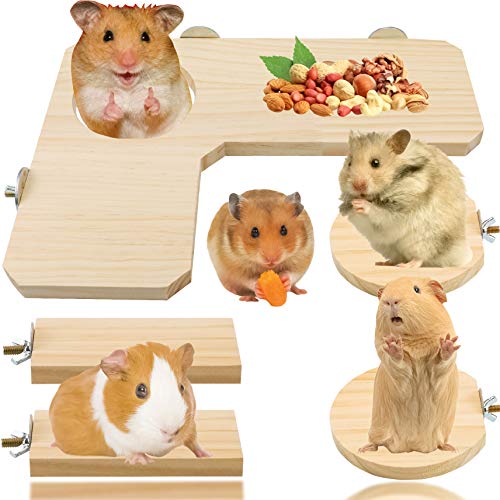 LeonBach 5 Pack Hamster Cage Platform Set, Cage Accessories Cage Platform for Chinchilla Hamster Bird, 12.6' L-Shaped Wooden Platform & 4 Pack Standing Board