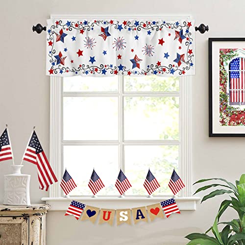 OneHoney Patriotic Stars Window Curtain Valance,4th of July Memorial Day Red Blue White USA Flag Star Swirling Stripe Rod Pocket Short Kitchen Valances Panel Drape for Cafe Bathroom Bedroom 54x18in
