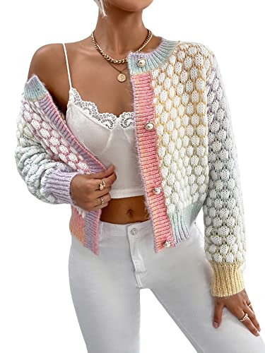 GORGLITTER Women's Button Down Color Block Cardigan Sweater Long Sleeve Casual Knit Outwear Pink and Blue Medium