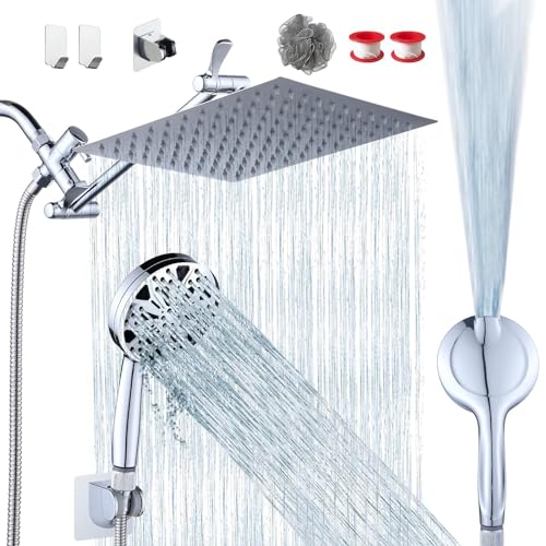 Razime 10''Rainfall Shower Head with Handheld Combo High Pressure 8+2 MODE built-in power wash, Stainless Steel Chrome Showerhead with 11'' Extension Arm Height/Angle Adjustable with Holder&60'Hose