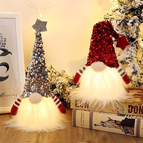 GMOEGEFT Scandinavian Christmas Gnome Lights with Timer, Swedish Santa Tomte Gnome, Nordic Xmas Decoration - Set of 2 (Red & Silver), 11 x 4 Inches