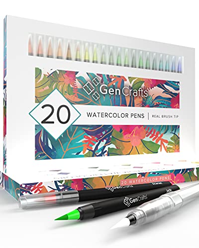 GenCrafts Watercolor Brush Pens Set of 20 Premium Colors - Real Brush Tips - No Mess Storage Case - Washable Nontoxic Markers - Portable Painting