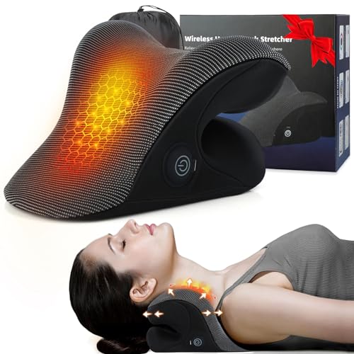 Wireless Heated Neck Stretcher for Pain Relief, Portable Cordless Neck Shoulder Cervical Traction Device with Graphene Heating Pad No Smell Magnetic Therapy Case Relaxer for TMJ Migraine Spine Alignme