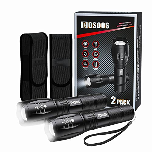 COSOOS 2 Tactical Flashlights with Holsters, Bright LED Flashlight 1000 Lumen, 5 Mode Portable Zoomable Waterproof Flash Light for Hiking, Outdoor Camping Gear Essential-No AAA Battery