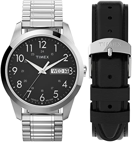 Timex Men's South Street Sport 36mm Watch Box Set – Silver-Tone Case Black Dial with Silver-Tone Expansion Band + Black Leather Strap