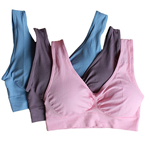 Cabales Women's 3-Pack Seamless Wireless Sports Bra with Removable Pads, Rose/Light Purple/Blue, Large