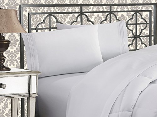 Elegant Comfort Luxurious 1500 Premium Hotel Quality Microfiber Three Line Embroidered Softest 4-Piece Bed Sheet Set, Wrinkle and Fade Resistant, King, White