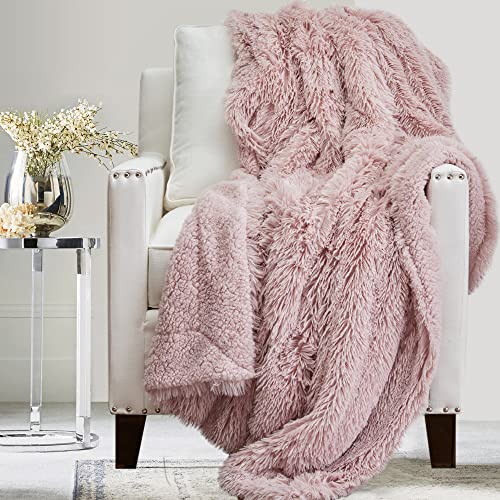 The Connecticut Home Company Throw Blanket, Soft Plush Reversible Shag and Sherpa, Queen 90x90, Warm Thick Throws for Bed, Comfy Washable Bedding Accent Blankets for Sofa Couch Chair, Dusty Rose