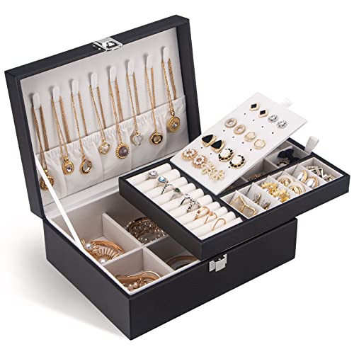 COOYUY Jewelry Box for Women Girls Wife Ideal Gift, Double Layer Jewelry Organizer Display Earrings Bracelets Rings Necklaces, PU Leather & Soft Velvet Lined Jewelry Storage Case, Black