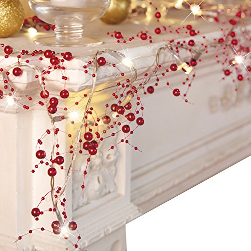 Collections Etc Indoor Christmas Decorations, Festive Lighted Berry Beaded Garland Red- 120' L