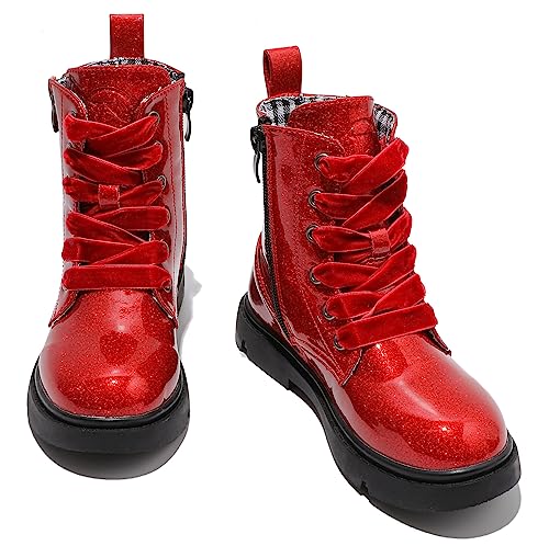 DADAWEN Boys Girls Glitter Ankle Boots Lace Up Waterproof Combat Shoes With Side Zipper for Toddler/Little Kid/Big Kid Red Glitter US Size 13 M Little Kid