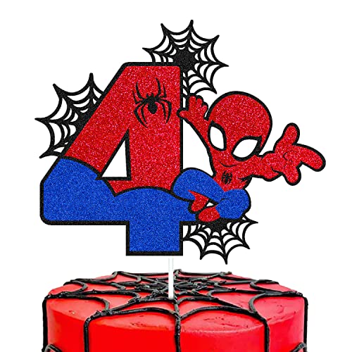 Spider 4th Birthday Cake Topper Spider Cartoon Movie Themed Happy 4s Birthday Cake Decorations for Men Boy Children Four Bday Party Supplies Double Sided Glitter Black Décor