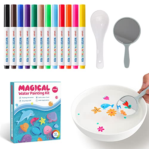 Leven Magical Water Painting Drawing Set for Kids, Floating Ink Pens 12 Colors, Dry Erase Whiteboard Marker, Includes Ceramic Spoon and Mirror