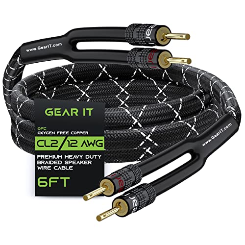 GearIT 12AWG Speaker Cable Wire with Gold-Plated Banana Tip Plugs (6 Feet) in-Wall CL2 Rated, Heavy Duty Braided, 99.9% Oxygen-Free Copper (OFC) - Black, 6ft