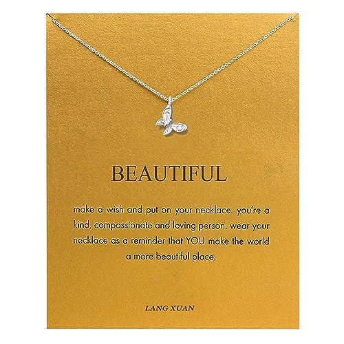 LANG XUAN Friendship Compass Necklace Good Luck Butterfly Pendant Chain Necklace with Message Card Gift Card for Women Girl