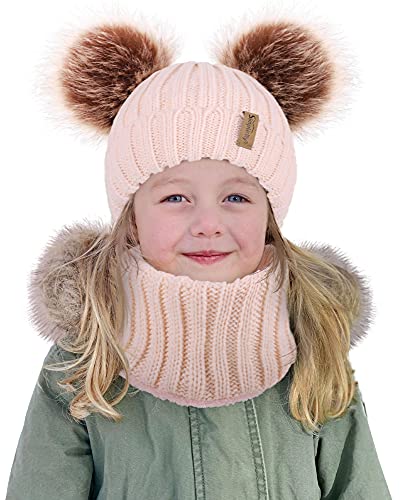 Simplicity Fleece Lined Toddler Girl Hat Pom Pom Kids Beanie and Scarf Set Winter Warm Knit Beanie Hat Cap and Gaiter Set Winter Hats for Girls with Scarf, Light Pink