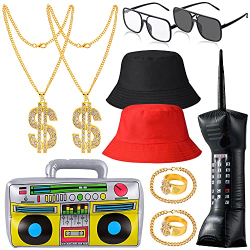 YAROMO 12 Pieces 80s/90s Rapper Accessories, Hip Hop Costume Kit Includes Inflatable Mobile Phone Props Boom Box Bucket Hat Sunglasses Gold Chain Ring