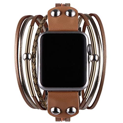 VIKOROS Multi-Layer Leather Wrap Bracelet Compatible with Apple Watch Ultra SE Series 8 7 6 5 4 3 40mm 38mm 41mm for Women Mens, Boho Stylish Cuff Bangle Watch Strap for Iwatch Bands Brown S