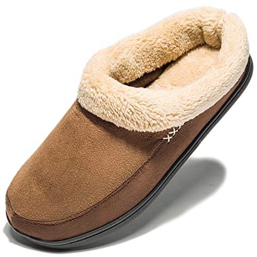NewDenBer NDB Men's Warm Memory Foam Suede Plush Shearling Lined Slip On Indoor Outdoor Clog House Slippers (9-10 D(M) US, Dark Brown)