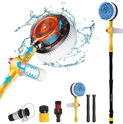 KUJOBUY Rotating Car Wash Brush with Soap Dispenser & Hose Attachment, Soft Bristle Car Spin Mop Washing Scrub Brush Long Handle, Water Flow Through High Pressure Car Cleaning Brush Kit
