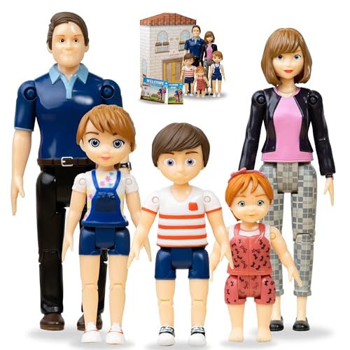 TOMLEON Dollhouse with Family Doll House People Figures. (8-Piece Set) Incl Doll House, 5 Poseable Action Figures, Book, and Coloring Book. Scale 1:12
