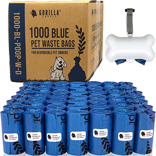 GORILLA SUPPLY Dog Poop Waste Bags with Dispenser and Leash Tie, 9' x 13', Blue, 1000 Count