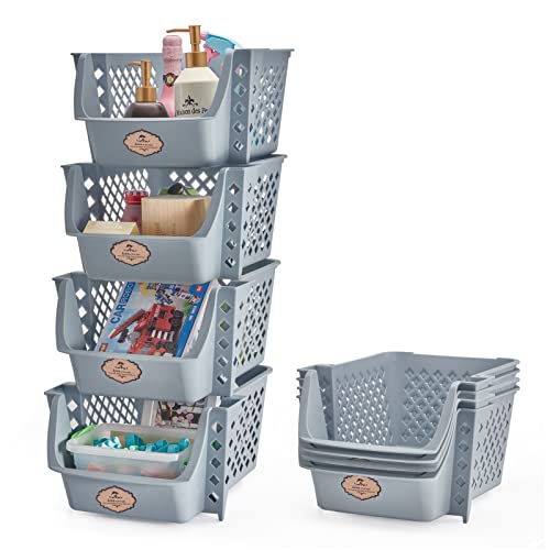 Titan Mall Plastic Stackable Storage Bins 4 Pack, Stacking Bins Open Front for Kicthen, Garage and Bathroom Cabinet Organizer for Fruit, Vegetable, Snack Organization Basket Grey (Made In USA)
