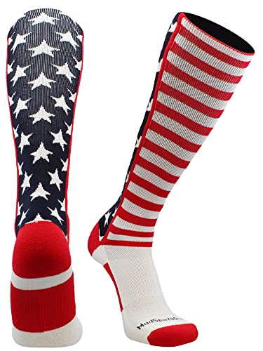 MadSportsStuff USA American Flag Stars and Stripes Over the Calf Socks (Navy/Red/White, Small)