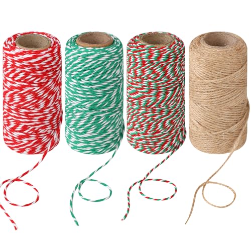 4 Rolls Christmas Twine String for Crafts Cotton String, Natural Jute Twine String Jute Rope, Green Red and White Twine Craft Twine Rope Wrapping, Gardening, Decorating(70m/Roll)