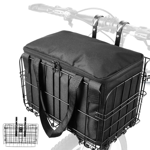 Zacro Bike Basket Front/Rear, Folding Bicycle Basket with Removable Liner Bag, Large Quick Release Design Metal Ebike Basket for Adult Women/Men Carrying Dogs, Pets, Fruit & Grocery