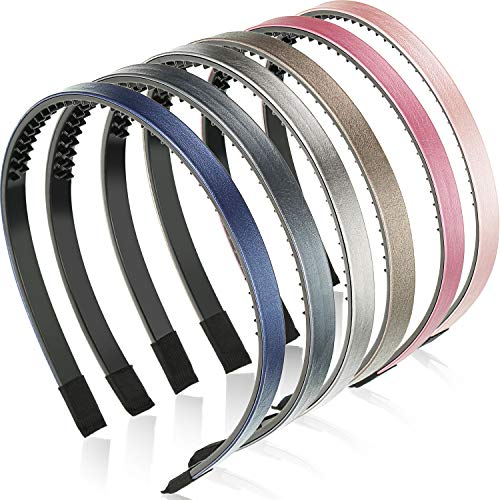 WILLBOND 6 Pieces Skinny Leather Covered Headband Plastic Simple Headbands for Women Girls Hairbands Hair Hoop Solid Color Headband (Lustrous Pink, Rose Red, Blue, Gold, Silver and Grey, 1.1 cm)