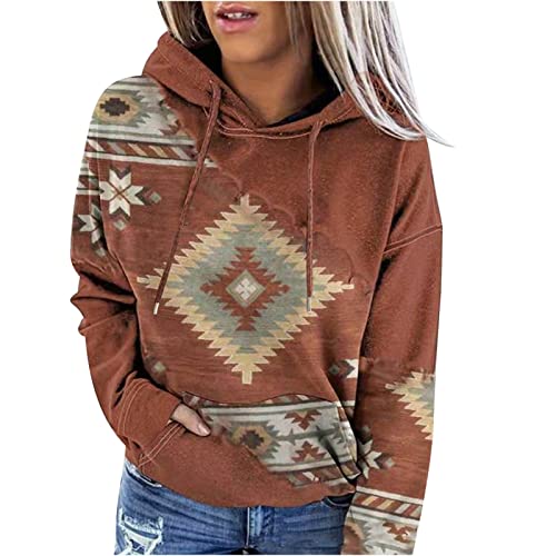 Ceboyel Women Western Aztec Hoodies Drawstring Sweatshirt Pullover Ethnic Vintage Graphic Shirts Tops Causal Fall Clothes oversized for Women Sweatshirt Coffee S