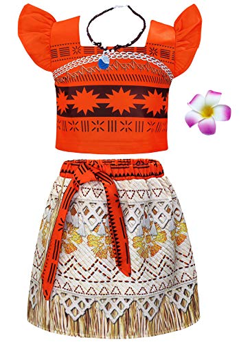 AmzBarley Princess Moana Costume for Girls Dress up Toddler Baby Cosplay Outfit Little Kids Skirt Sets Christmas Clothing Set Orange with Accessories Size 3T(2-3Years)