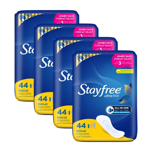 Stayfree Ultra Thin Regular Pads For Women, Wingless, Reliable Protection and Absorbency of Feminine Moisture, Leaks and Periods, 44 count - Pack of 4