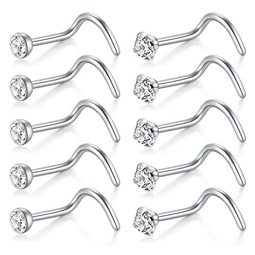 D.Bella Nose Rings 10Pcs 18G Nose Screw Rings Studs Surgical Steel Piercing Jewelry 2mm Clear CZ Silver