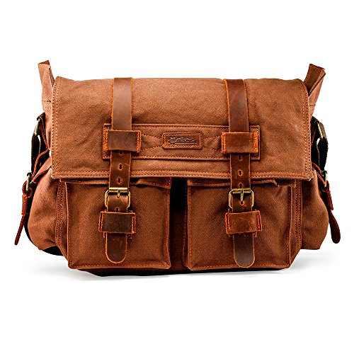 Messenger Bag for 17 Inch Laptop Vintage Canvas Leather Shoulder Crossbody Satchel Shoulder Computer College Bag Travel Office Messenger Bag for Men Women - Coffee
