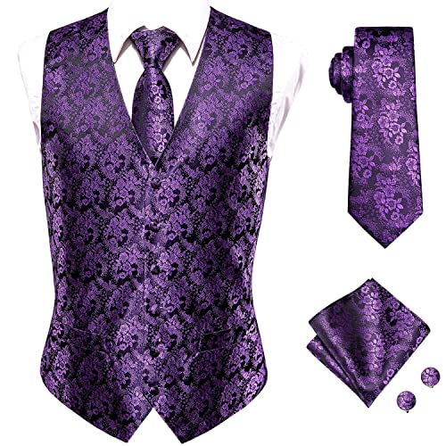 Hi-Tie Purple Floral Suit Vest for Men Wedding Formal Party Regular Fit Silk Waistcoat Necktie and Pocket Square Cufflinks Set