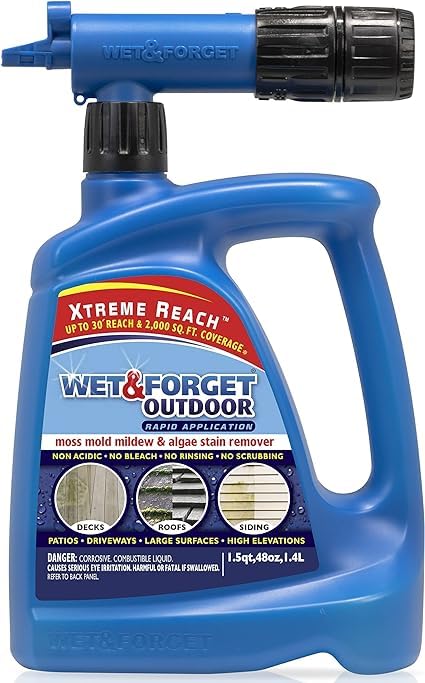 Wet & Forget Outdoor Moss, Mold, Mildew, & Algae Stain Remover Multi-Surface Cleaner, Xtreme Reach Hose End with New & Improved Nozzle, 48 Fluid Ounces
