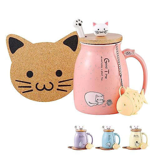 BigNoseDeer Kawaii Tea Cup with Infuser Cute Cat Mug Ceramic Coffee Mug Tea Mug Cute Stuff Gifts for Women Cat lover Gifts 13oz