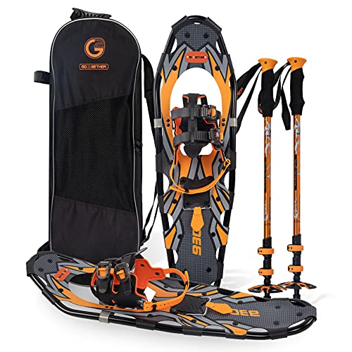 G2 36 Inches Light Weight Snowshoes with Toe Box, EVA Padded Ratchet Binding, Heel Lift, Flexible Pivot Bar, Durable Back Strap, Set with Trekking Poles, Carrying Bag, Snow Baskets, Orange