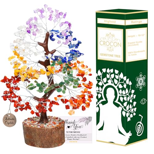 Crocon Seven Chakra Gemstone Tree Feng Shui Figurine Money Bonsai Good Luck Reiki Healing Crystals Balancing Decoration Ornament Sculpture Wealth Prosperity Table Room Decor Gift Size 10-12'