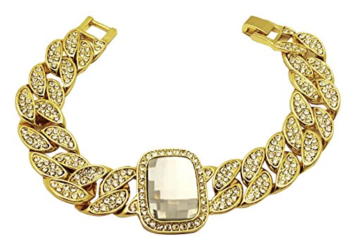 Big Dawgs Bling Mens Hip Hop Iced CZ 14K Gold Plated 16mm Cuban Link Bracelet 8.5' (Crystal Stone)