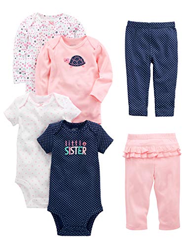 Simple Joys by Carter's Baby Girls' 6-Piece Bodysuits (Short and Long Sleeve) and Pants Set, Multicolor/Dots/Floral/Hearts/Turtle, 0-3 Months