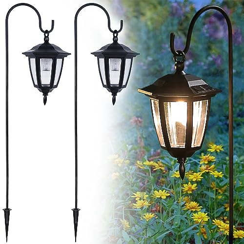Dynaming 2 Pack Solar Hanging Lights Outdoor, Solar Powered Garden Decorative Lanterns with 2 x 38 Inch Shepherd Hooks, Waterproof Landscape Lighting for Lawn Patio Yard Pathway Driveway, Warm White