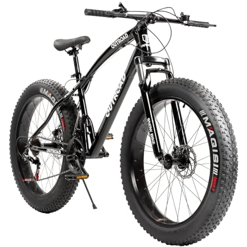 Omelaza 26 Inch Fat Tire Mountain Bike with Dual Disc Brakes, 4 Inch Wide Tires with 21 Speeds Gear, High Carbon Frame, Mountain Bicycle for Men and Women, Front Suspension MTB for Adult Black